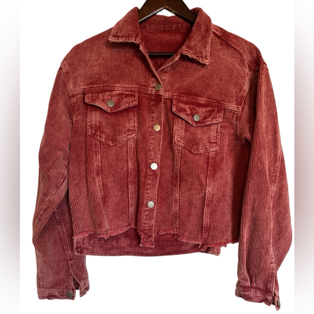 Red Jean Jacket with Corduroy Texture and Cropped Design